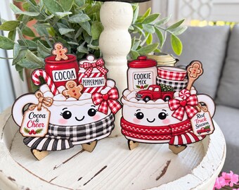 Christmas Cocoa Red Truck Marshmallow Mug Sign Pair | Tiered Tray Coffee Bar Shelf Decor | Two Wood Easels