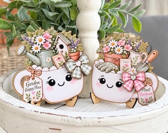 Garden Happy Place Marshmallow Mug Sign Pair | Tiered Tray Coffee Bar Shelf Decor | Garden Gift