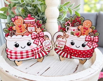 Gingerbread Kisses Christmas Marshmallow Mug Sign Pair | Tiered Tray Coffee Bar Shelf Decor  Table Decor