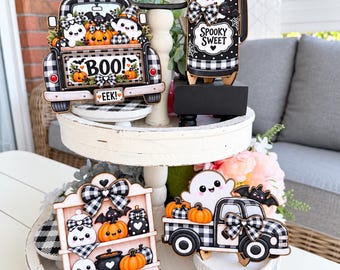 Halloween Black and White Buffalo Check Wood Signs | Ghosts & Pumpkins | Farmhouse Tiered Tray Decor
