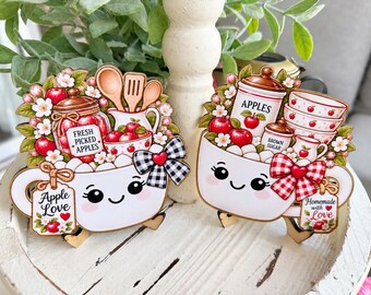 Apple Love Marshmallow Mug Sign Pair | Tiered Tray Coffee Bar Shelf Decor | Two Wood Easels