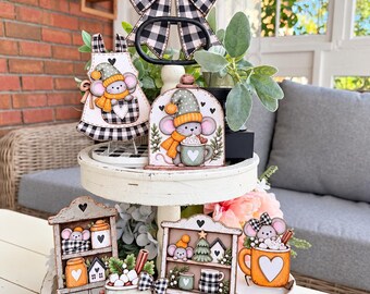 Mouse Cocoa Fall Winter Tiered Tray Decor | Primitive Winter Mouse Signs | Mugs, Hutches, Truck & Apron