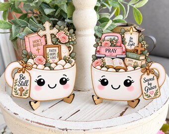 Christian Marshmallow Mug Sign Pair | Tiered Tray Coffee Bar Shelf Decor | Faith, Prayer Decor