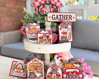 Thanksgiving Tiered Tray Collection, Pilgrim Wood Signs, Turkey Mugs, Fall Hutch and Truck