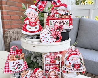 Santa Mrs. Claus Christmas Tiered Tray Decor, Red Gingham Wood Signs, Peppermint Bow, Cocoa Mugs, Elves & Cookie Truck