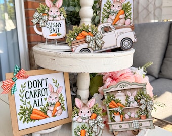 Easter Bunny Bait Wood Sign Set, Carrot Tiered Tray Decor, Spring Farmhouse Shelf Sitters | Buttermilk Chic Coffee Bar Table Decor