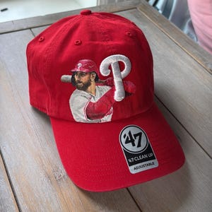 Hand-Painted Philadelphia Phillies Hat – Bryce Harper Portrait in Acrylic Fabric Paint – Custom MLB Baseball Fan Gift-Phillies Fan Gift