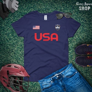 Lacrosse Life-T-shirt donna lacrosse con bandiera USA e LAX Shield-Lacrosse MOM-per tutti i giocatori e la famiglia di lacrosse