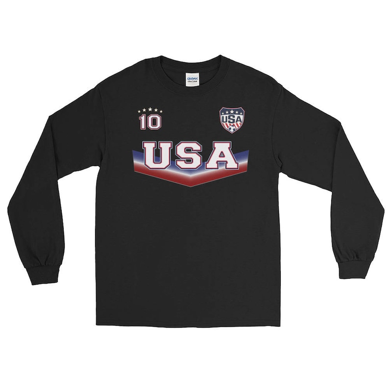 May include: Black long-sleeve shirt with a red, white, and blue USA graphic, a star pattern, and the number 10.