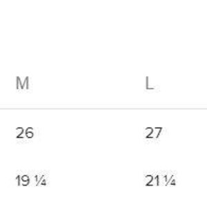 May include: Size chart showing measurements in inches and centimeters for a garment. The chart shows the length and width of the garment in sizes S, M, L, XL, and 2XL.