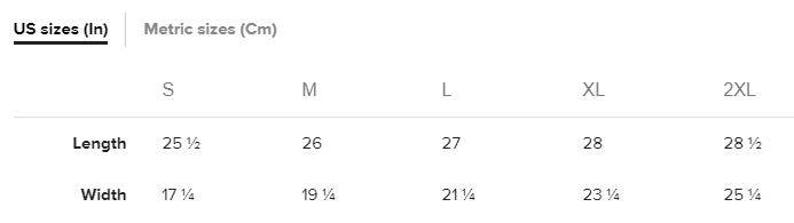 May include: Size chart showing measurements in inches and centimeters for a garment. The chart shows the length and width of the garment in sizes S, M, L, XL, and 2XL.