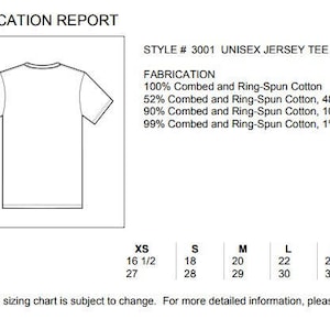 May include: A white unisex jersey tee shirt measurement specification report. The report includes chest and body length measurements in inches for sizes XS to 4XL. Fabrications include 100% combed cotton and blends with polyester.