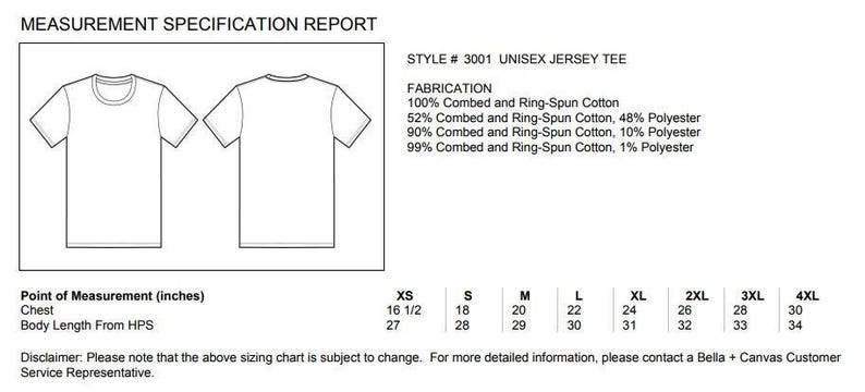 May include: A white unisex jersey tee shirt measurement specification report. The report includes chest and body length measurements in inches for sizes XS to 4XL. Fabrications include 100% combed cotton and blends with polyester.