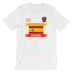 May include: White t-shirt featuring the Spanish flag design. The shirt has a gold and red horizontal stripe design, the word "ESPA&Ntilde;A" in red, and the number "10" in gold.