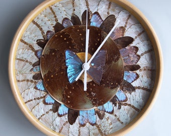 Athena - Iridescent Blue Butterfly Wing Wall Clock Repurposed From An Antique Tray