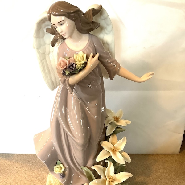 Vintage 13 inch Hand Painted Porcelain Angel Figurine Holding Flowers