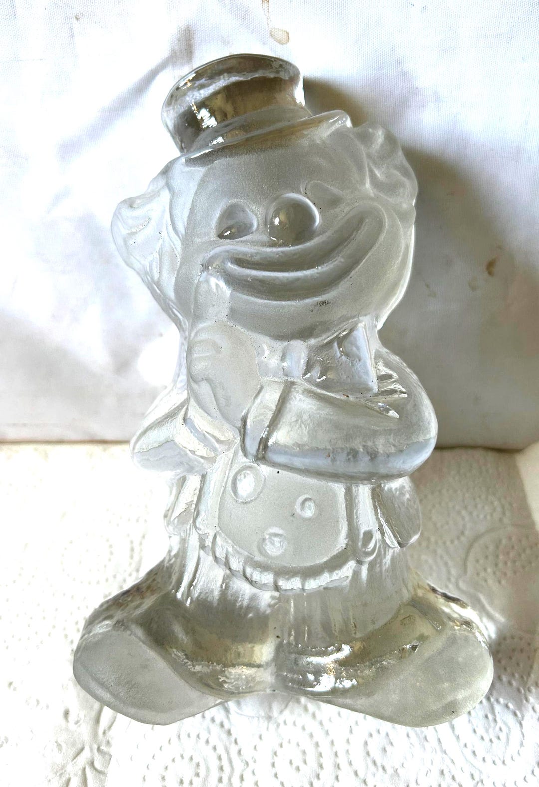 Vintage Viking Glass Frosted Clown Paperweight, Handmade Crystal