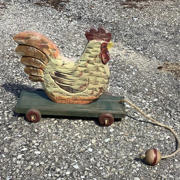 Vintage 10 inch Long Wood Chicken Pull Toy