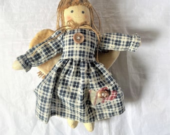 Vintage 8 inch Hand Crafted Soft Doll With Wings and Blue Plaid Dress #3