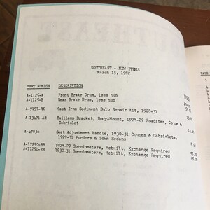 K&ouml;nnte beinhalten: Ein schwarz-wei&szlig;es Dokument mit einer Liste von Teilen und Beschreibungen f&uuml;r ein Auto. Das Dokument tr&auml;gt den Titel "S&uuml;dost - Neue Artikel" und das Datum ist der 15. M&auml;rz 1982. Die Liste enth&auml;lt Teile wie eine vordere Bremstrommel, eine hintere Bremstrommel, ein Reparaturset f&uuml;r eine Sedimentbirne aus Gusseisen, eine R&uuml;cklichthalterung, einen Sitzverstellhebel und Tachometer.