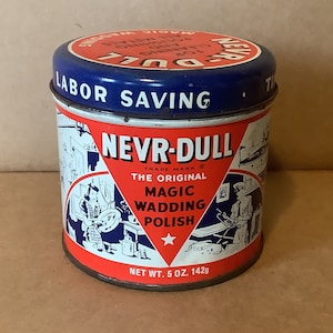 Vintage 1940er Jahre NEVR-Dull Magic Füllwatte Politur Rot Weiß Blau Dosen-Reinigungs-Polieren Vintage Haushalts-Reiniger