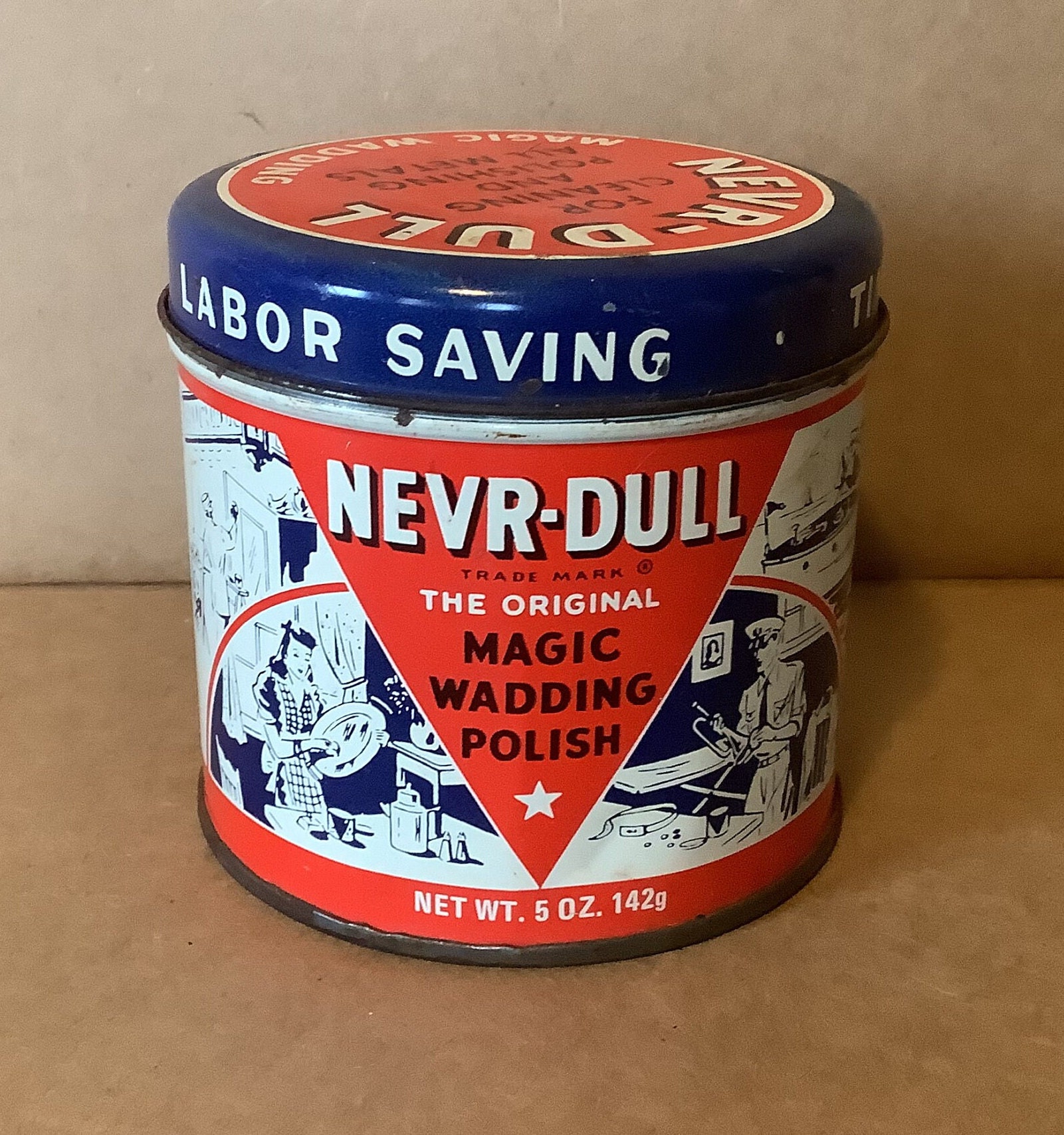 Vintage 1940s Nevr-dull Magic Wadding Polish Red White Blue Tin Cleaning  Polishing Vintage Household Cleaner 
