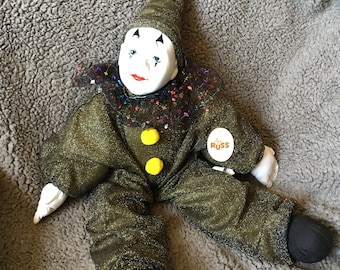 Vintage 22 inch  Russ Berrie Porcelain Faced Jester / Clown Doll