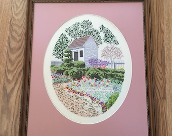 Vintage Framed & Matted Handcrafted Needlepoint An &quot; Ordinary Spring&quot; Williamsburg Va.