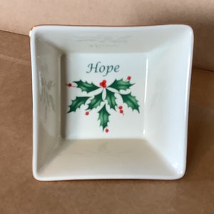 Vintage Lenox &quot;Dimension Collection - Hope&quot; Square Dish, Holly Leaves and Berries and &quot;Hope&quot;, Gold Trim.