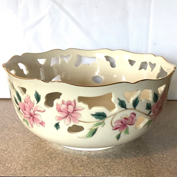 Lenox Barrington Collection Round Pierced Bowl w Pink Flowers, Made in USA