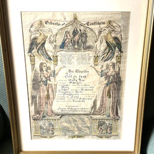 Certificado de bautismo alemán antiguo enmarcado de 22" x 18" de 1863