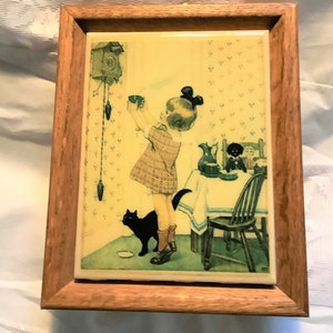 Vintage 1980s Kimberly Enterprises Tile Little Girl Trying To Feed Coo Coo Clock Bird.