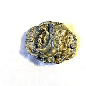 Vintage Western Oval Belt Buckle With 3d Cowboy Boots Over Saddle With Rope Border
