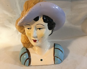 Vintage Ceramic Victorian Lady Head Figurine Wearing Hat with Large Plume