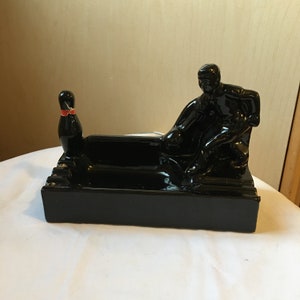 Vintage Mid Century Black Ceramic  Ashtray with Bowler Design