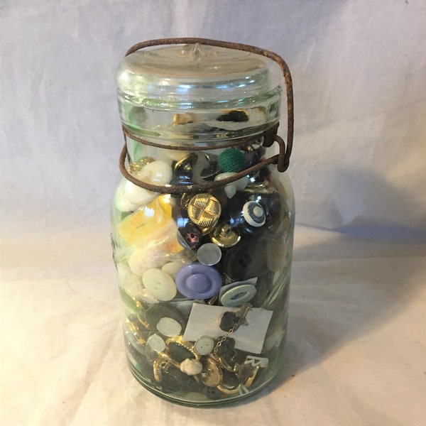 Antique Atlas EZ Seal  Canning Jar with Locking Lid Full of Vintage Buttons.