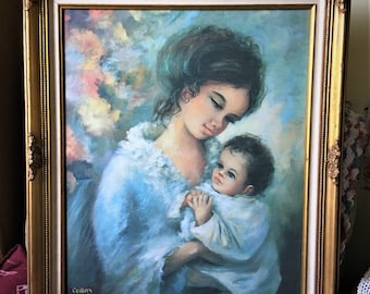 Vintage Framed Original Oil Painting of Mother and Child Signed Guilloes
