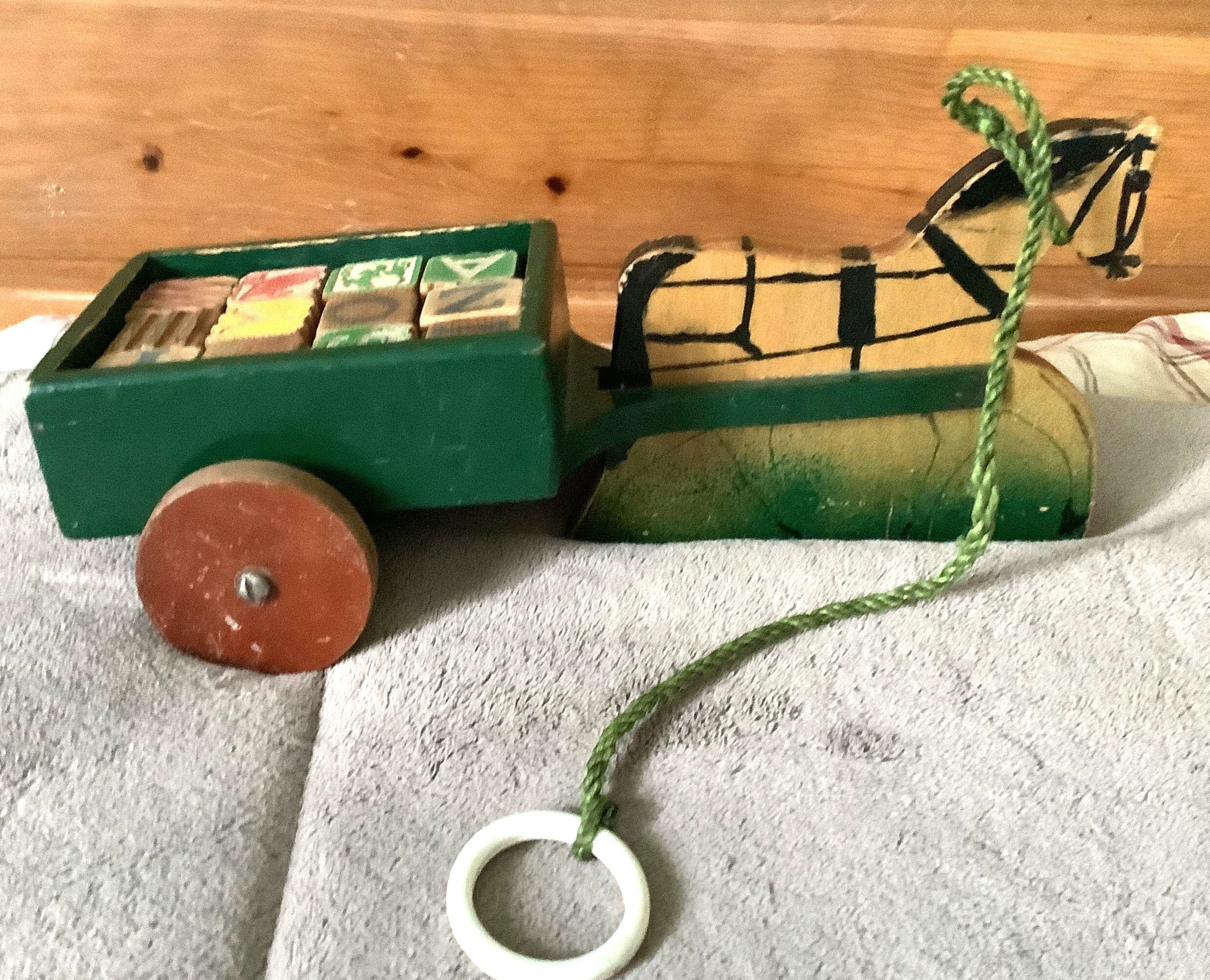 ANCIEN JOUET EN BOIS CHEVAL AVEC CHARETTE | eBay
