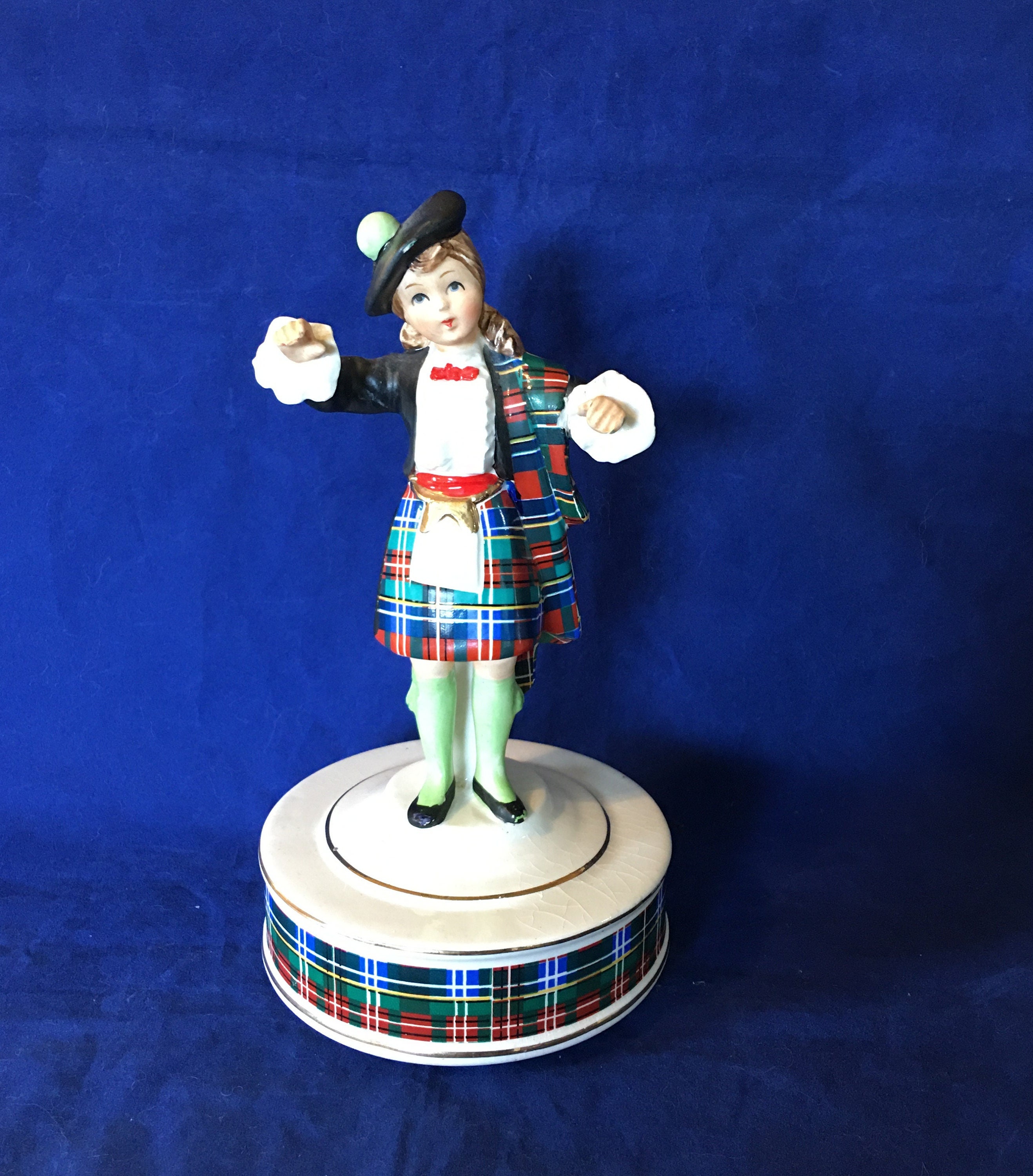 Vintage Schmid Bros. Blue Bells of Scotland Ceramic Music Box Arm Repaired
