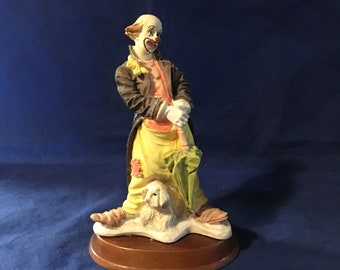 Vintage 6 " Clown  Figurine Holding Closed Umbrella at His Side and his Dog Between His Legs