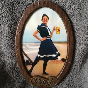 Vintage 20&quot; x 13&quot; Budweiser King of Beer Sign Victorian Lady in Blue        MADE IN USA