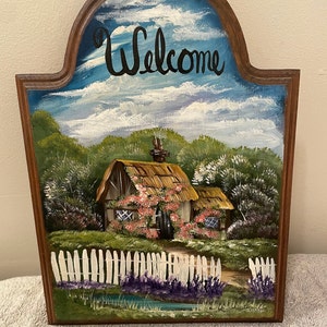 Vintage 13" x 10" Hand Painted Welcome Plaque With Cottage Scene