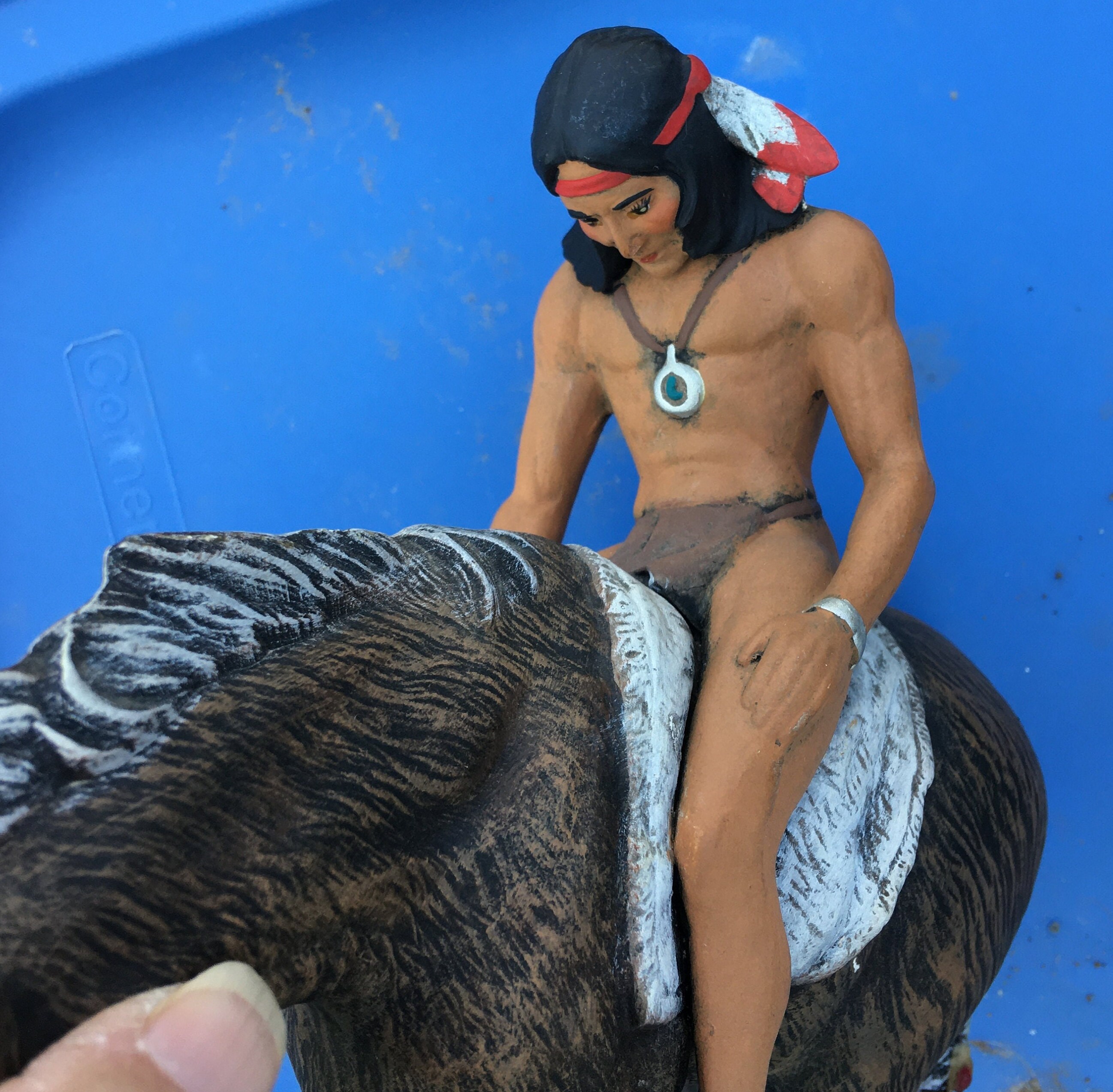 Vintage Ceramic Indian on Horse Figurine With Feather Tail and Mane Created by Chris in New Oxford Pa