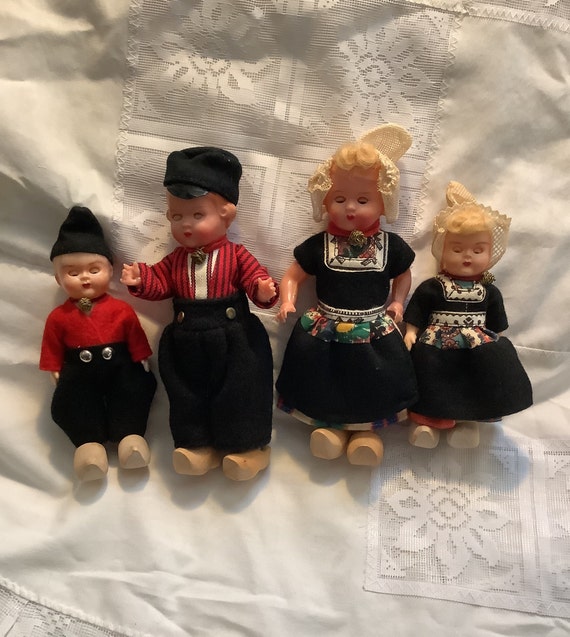 Vintage Dutch Family Dolls With Traditional Dress and Clogs