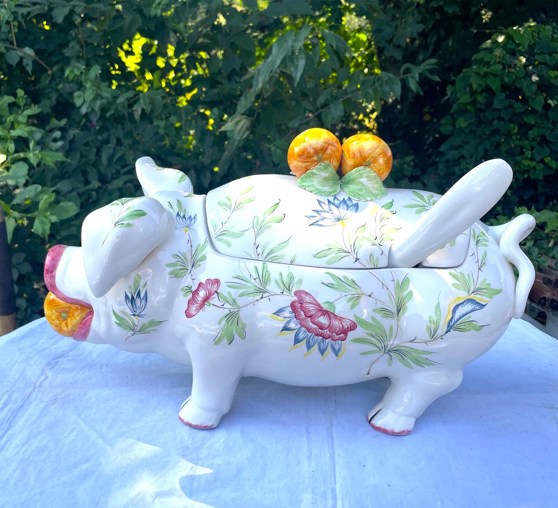 Vintage Majolica Pig Soup Tureen and Laddle Made in Italy Marked