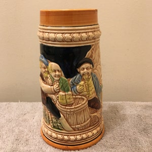 Vintage Rossini Beer Stein Mug Cup  Men Drinking Around Barrel German Wording