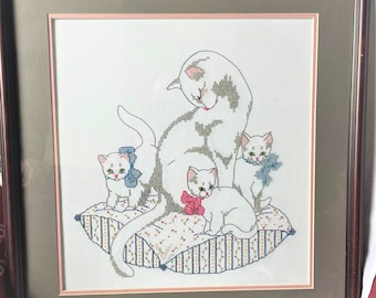 Vintage Framed Completed Cross Stitch  Of Mother Cat with Kittens on Pillow