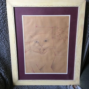 Vintage 22&quot; x 18&quot; Framed and Matted Primitive Style Hand Drawn Picture Of a Snarling Cat By Brooke Zdraewski