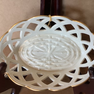 Vintage 1980s Lenox Bone China Pierced Oval Wicker Basket 24K Gold Trim