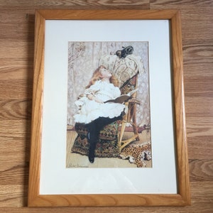 Framed and Matted 18 1/2 &quot;x 24” Girl Looking up at Kitten Titled  &quot;Rival Attraction&quot; Print by C. Burton Barber